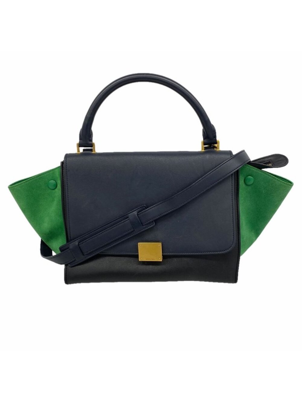Celine Handbag Trapeze Leather Black Green Gold 2-Way Bag